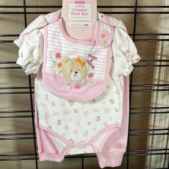 NWT Bright Future 4 Pc Pant & Onsie Set 2 Short Sleeve Tops, 1 Pair Pants, 1 Bib - Picture 1 of 6